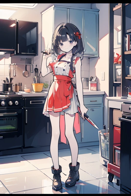 Bloody kitchen knife　A person is falling　Background、Walls and floors are bloody