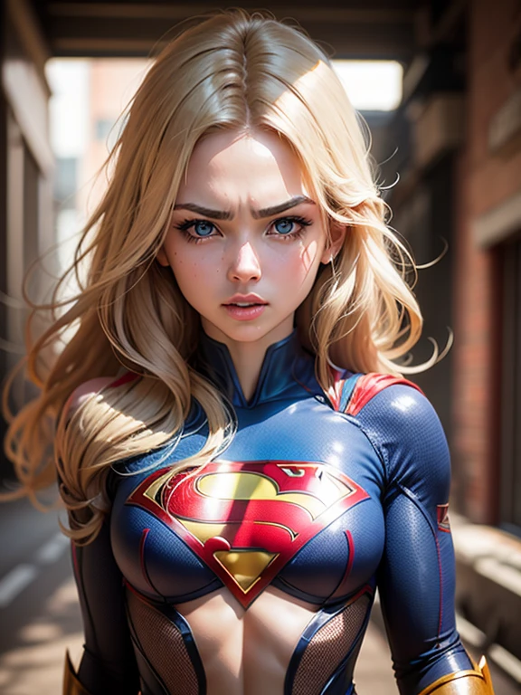 The character Supergirl, perfect blue and red costume with the traditional "S" in the chest, red cape, shiny little blue eyes, extremely beautiful blond hair, beautiful smile , perfect anatomy and extremely beautiful face, hyperrealistic face