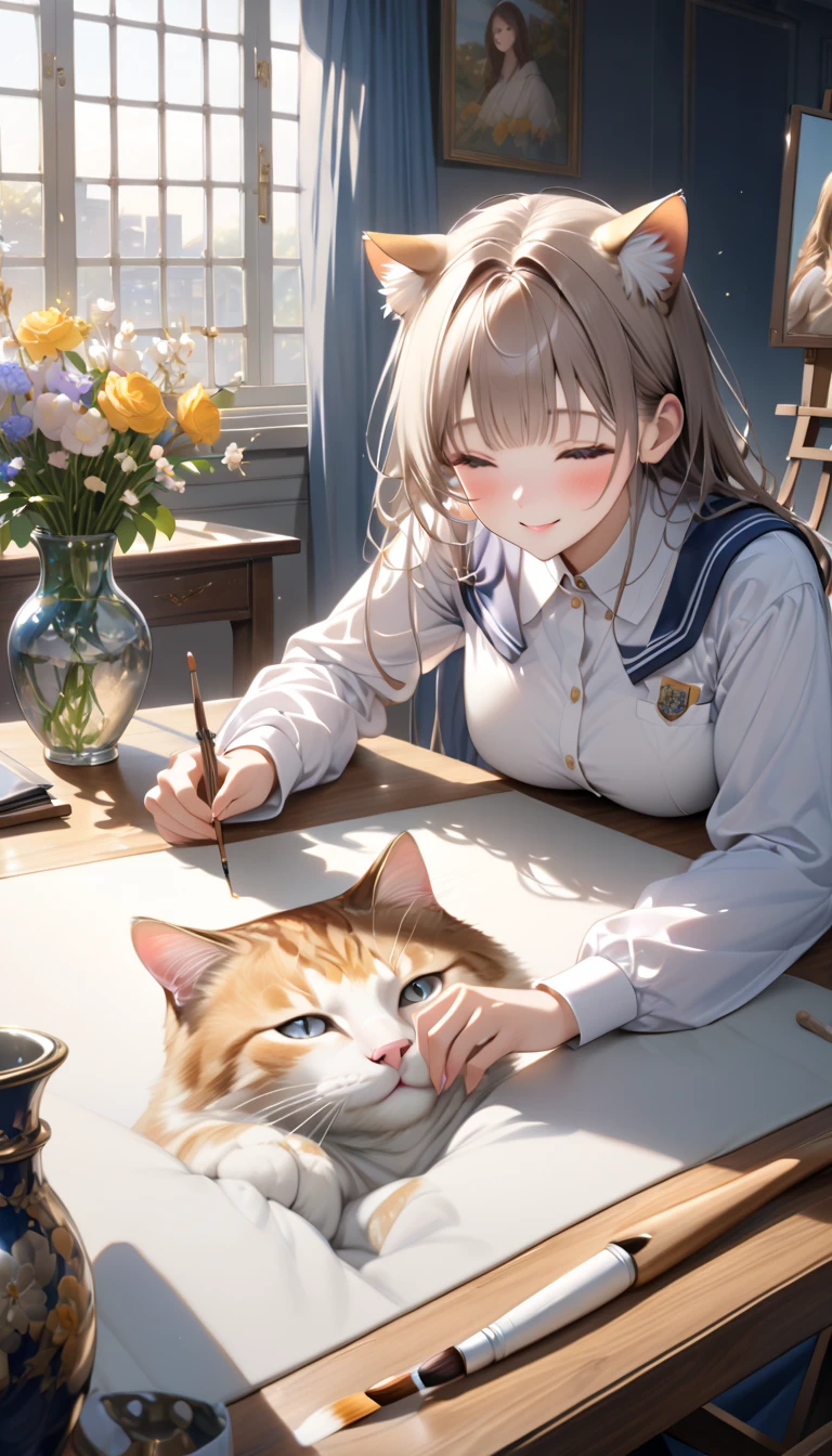 (masterpiece, ultra-detailed, best quality, clear focus, dramatic scene, cinematic), shadow, (ultra-high resolution, 8k), perfect anatomy, perfect face, (detailed face, detailed eye), cute Japanese girl, famous Japanese idol, very beautiful and cute and cool face, (wearing a cute Japanese high school long sleeve uniform:1.3), (large breasts), at the high school art classroom, (She is drawing very realistic large cat on the large canvas:1.3), Flowers in a vase with cat are placed on the table as a model for the painting, oil painting, easel, holding a brush, window with curtain, looking back and smiling to viewers, professional lighting, (a large fat cat is sleeping by the vase), detailed cat