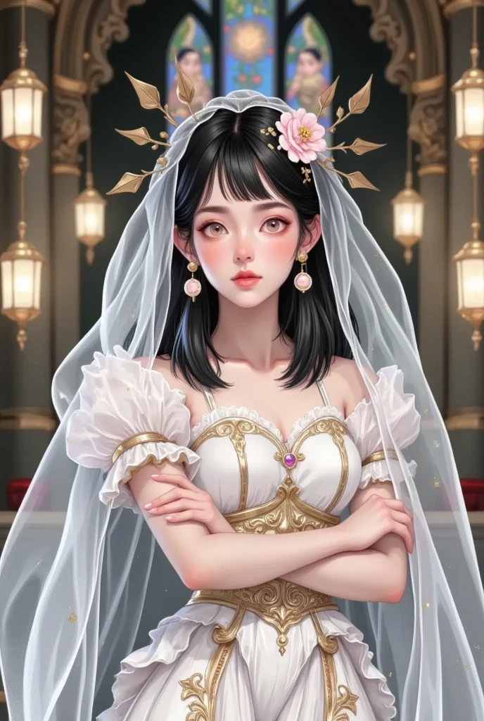 bride，   The style is inspired by Chiho Qingdao，  white bikini，  white bride scarf  ， decorated with white flowers on the head   ， short Hair， Sapphire eyes ，Pale face， sad expression  ，Lower your head，pray，Beautiful hands，gothic style， gouache illustration ，Background Church，masterpiece，HD