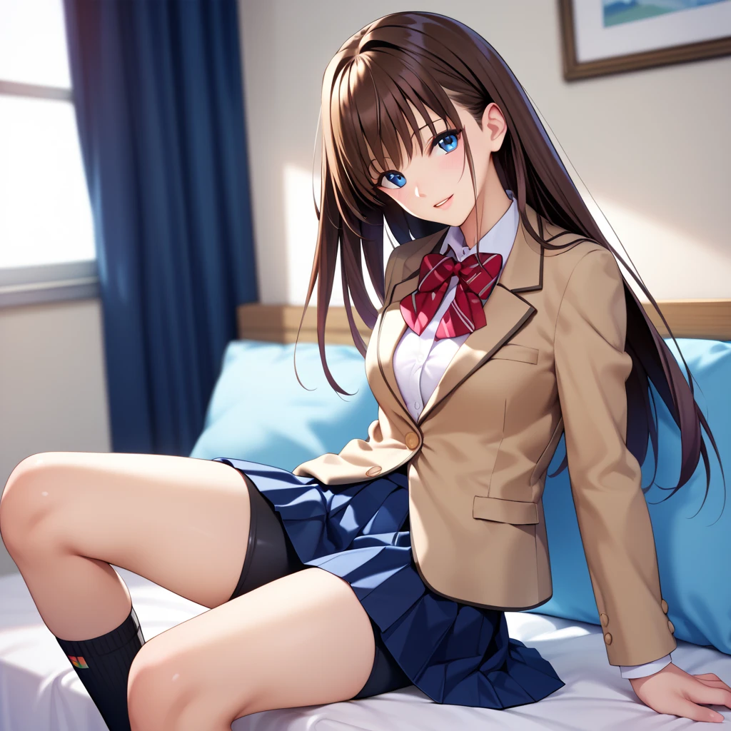 (masterpiece,best quality,high resolution,ultra detailed,anime cg),1 girl,solo,aozakischool, blue eyes, brown hair, hair intakes, school uniform, blazer,red bowtie, white shirt, black socks, black pleated skirt,bike shorts,