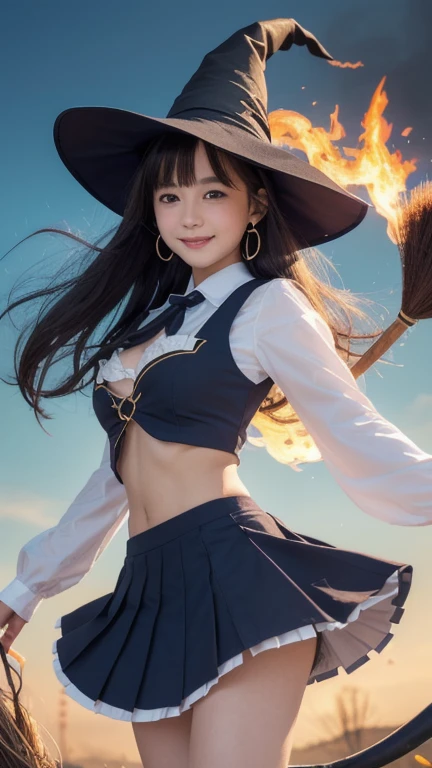 Highest quality,Ultra-high resolution,Japanese Idols,actress,witch,Big Eyes,looks young,smile,looking at the camera,Thin face,Pointed hat,Bob Hair,Wizard Costume,Pussy in full view,No underwear,Spread your legs and straddle the broom,Flying in the sky on a broom,かわいいsmile