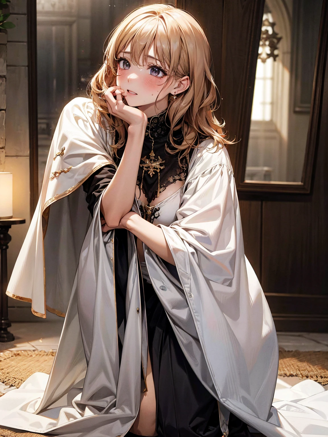 absurdres, RAW photo, extremely delicate and beautiful, masterpiece, Best Quality, ultra high resolution, 32k, hyperrealistic, ultra-detailed, 20 years old, detailed beautiful face, tearful mole, earring, very huge round breasts, short medium hair, wavy hair, wet clothes, (full body shot), alone, blonde hair, gauntlets, Joan of Arc, (surcoat), (cross armor), Break in horror dark cave, Break kneeling, doing fellatio, opening mouth, kissing penis, BREAK mirror, in front of mirror, reflect on mirror, BREAK full face blush, embarrassed, defiant look, ((tearing:1.4)), bit lips, blush, BREAK steam, tremble, BREAK from side view,