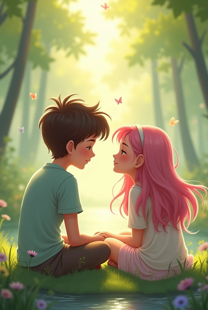 A girl with pink hair with a boy