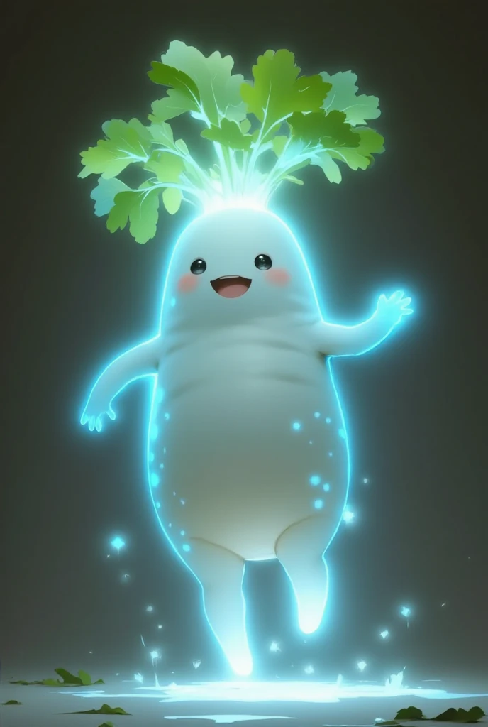 A glowing, blue, anthropomorphic daikon radish character with small arms and legs, a big smile, and green leafy hair radiating a magical energy. The character has large black eyes and a plump white body with inverted colors, creating a surreal and vibrant effect. The glowing blue outlines pulse with light as the daikon appears to be leaping off the ground, leaving behind a trail of sparkling energy. The entire scene feels dynamic and otherworldly, as if the daikon is soaring into the air with a burst of luminous brilliance.