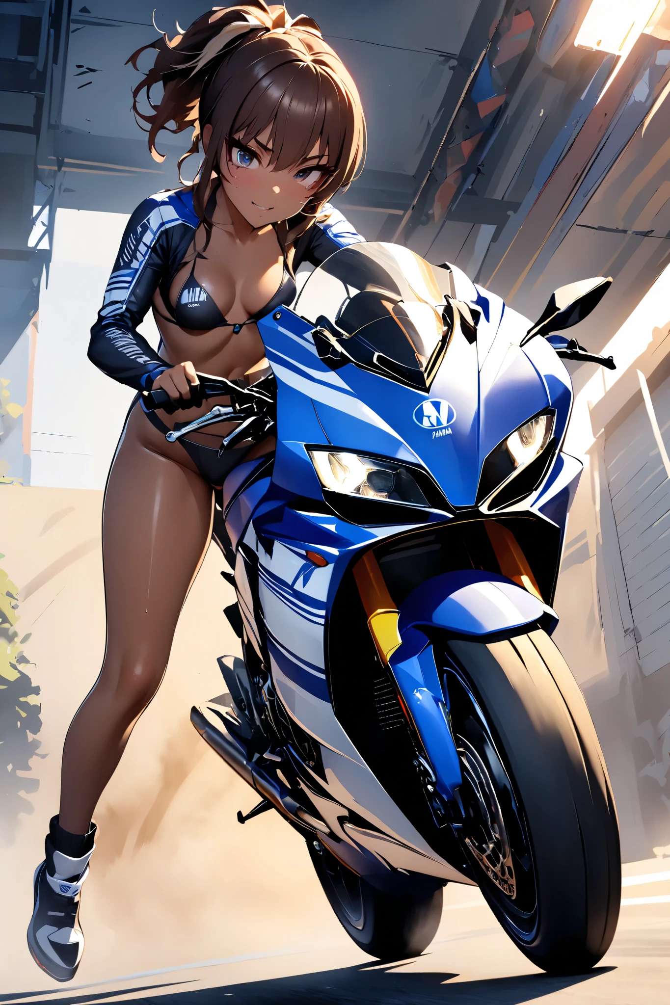 ONE GIRL RIDING A YAMAHA YZF R1M ,   glossy brown skin, small breasts, full body, very detailed face , Lip  details,  beautiful eyes, double eyelid,  4K, masterpiece., ACTION PAINTING,  best quality, 