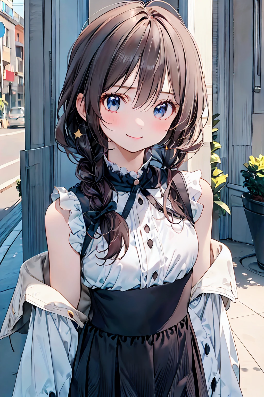  for lightss,  for lights  ，          Beautiful Face Details，cute，       dark brown eyes，(背の低いcute女の子，Young student，Young and delicate girl）,（            Masterpiece      ，  for lightss,  for lights  )，       black hair， Checkered black skirt，     sleeveless､    brown hair，        shortcuts ，      messy hair       ，              Short Braided Hair              ，Neat，       slender beauty ，Dignified posture，       small breasts ，          Her charming gray-blue eyes shine like stars，       bright color ,              beautiful eyes       ,A delicate smile,textured skin,       best quality、The best   ,          a parody of a gentle and beautiful woman         ,      anime style  ､