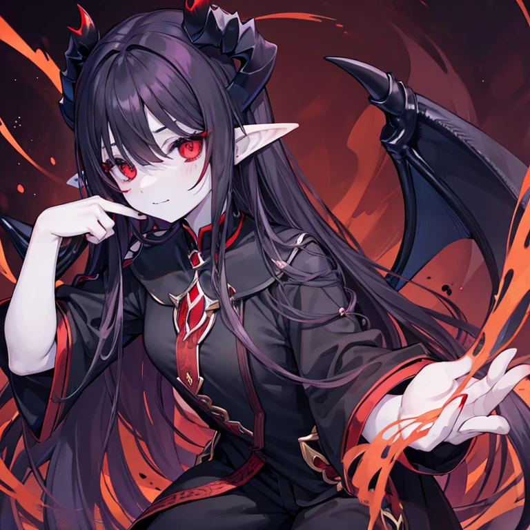Dark evil devil Woman, Short red and black hair, Long devil horns on head (with red outlines), Long evil sinister sharp teeth smile, black eyes with red pupils, white pale skin, Red mist in background, Dark Red cap on back, Holding a long dark metal staff with Microphone on tip.