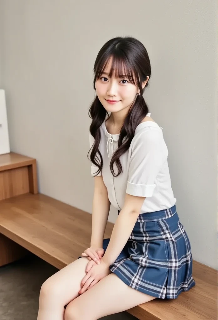 32K,   best quality,   Masterpiece ,  realistic ,   super detailed,     PHOTO VOLUME UNVOLUME  ,  It's high definition  , Alone、 (barefoot、  white blouse 、  blue plaid pleated skirt)、( foot:1.3)、((The upper body is wearing a uniform))、(((((  staring at the camera )))))、(((whole body)))、((( thigh)))、bedroom、  on the bed、  sitting、((  focus on crotch  )),  real skin texture,
  nudes,