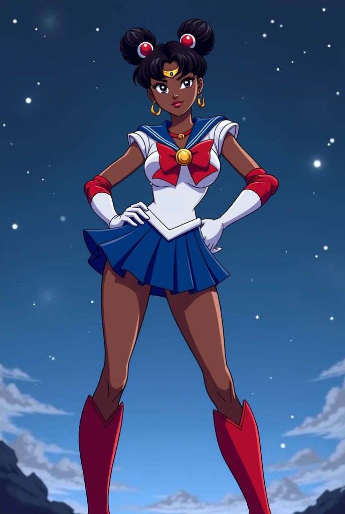 (((thin 1girl)))) ((((thick thighs toned body)))) (very dark black tanned skin) black hair yellow eyes very long hair tight cropped shirt short flowing skirt serious face red and white sailor Moon outfit sailor Moon cartoon character outfit dressed as sailor Moon colorful very short wind blown skirt standing with her back to the viewer looking back over her righ shoulder wind blowing hard 