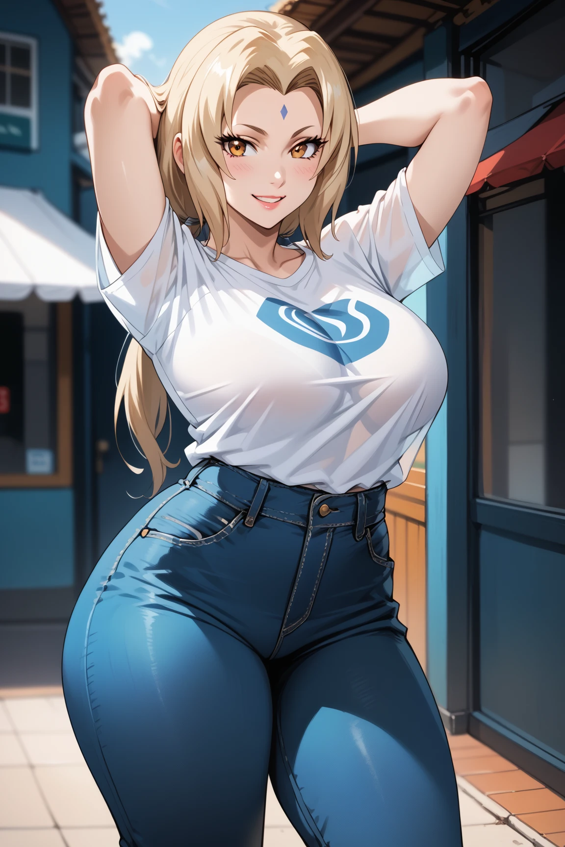 Masterpiece, extremely detailed,4k,solo,1girl,fullbody,stand up,tsunade,large breasts,long sexy legs,arms behind back head,looking at viewers,((blue slimfit jeans)),white slimfit tshirt ,smile,yellow twin tails hair,front looks,cowboy shot