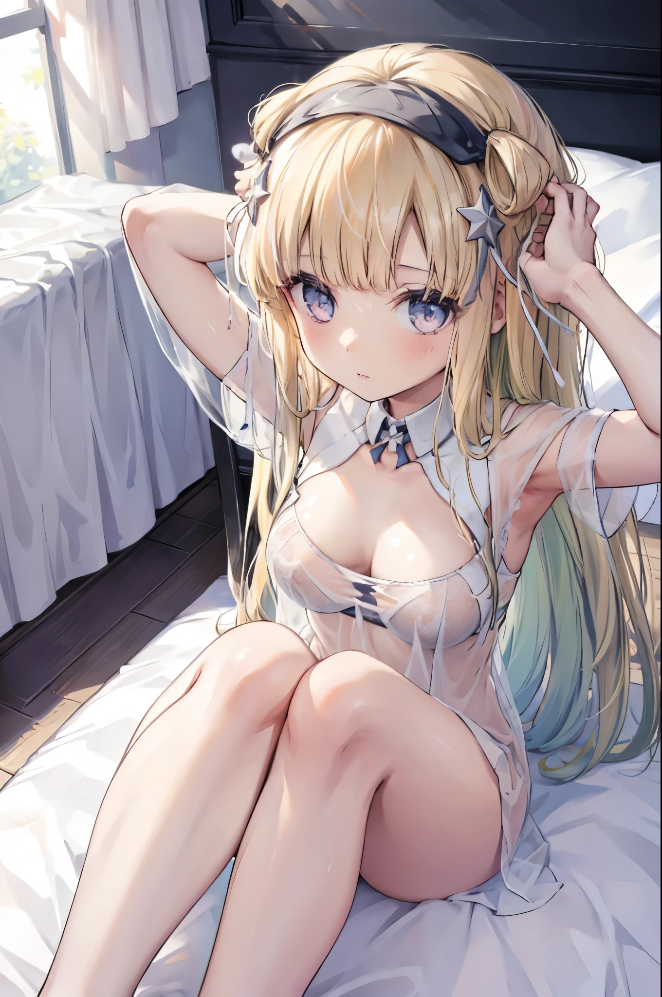 ((highest quality、High resolution、masterpiece))、Portrait、(１０Year old beautiful girl)、Perfect body、Beautiful breasts、Nipples、Long blonde、bangs、Blue and white、Embellished blue sexy dress、No panties、Embarrassed、Legs wide open、(((POV、Having sex、orgasm)))、Creampie