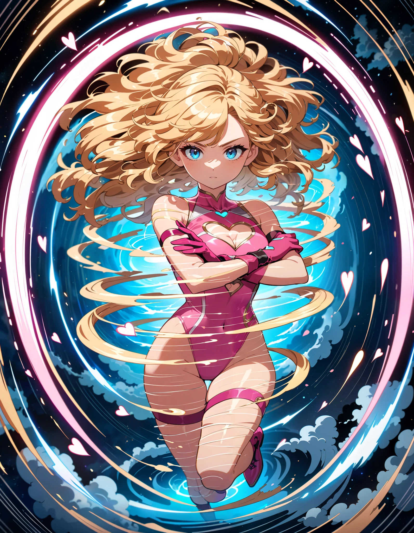(masterpiece), (best quality), (high res), 1girl, solo, solo focus, superhero, leotard, bare legs, matching boots, sleeveless, looking at viewer, perfect hands, perfect eyes, perfect leotard, perfect legs, perfect arms, perfect fingers, medium breasts, pink leotard, (blonde hair), long hair, knee boots, blue eyes, heart cutout, cute face, hair down, bangs, ahoge, sleeveless, pink gloves, pink footwear, cleavage cutout, serious, full body with costume, cowboy shot, space backdrop. (T-pose, legs together). (spins fast in place like a tornado, whirls fast in place like a tornado, tornado whirling, spiral lines around her, spinning energy pulse around her, storm winds around her, whirls into a tornado, (she whirls) in (super speeds)). full body costume design. curved sword slash. she super-spins. time travel, time warp.