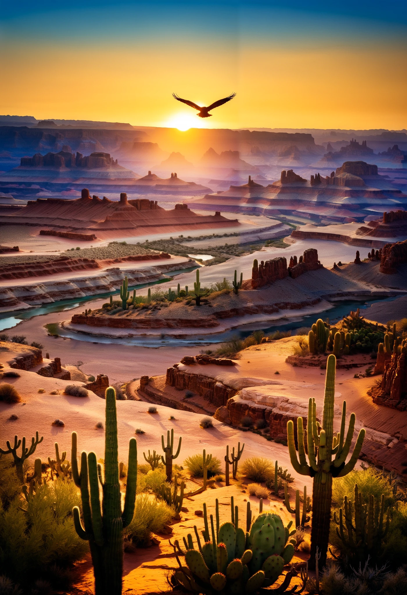 Western frontier, silhouette of flying eagle, desert sunset in background, cliffs, cactus, just before sunset, nature, style, landscape.