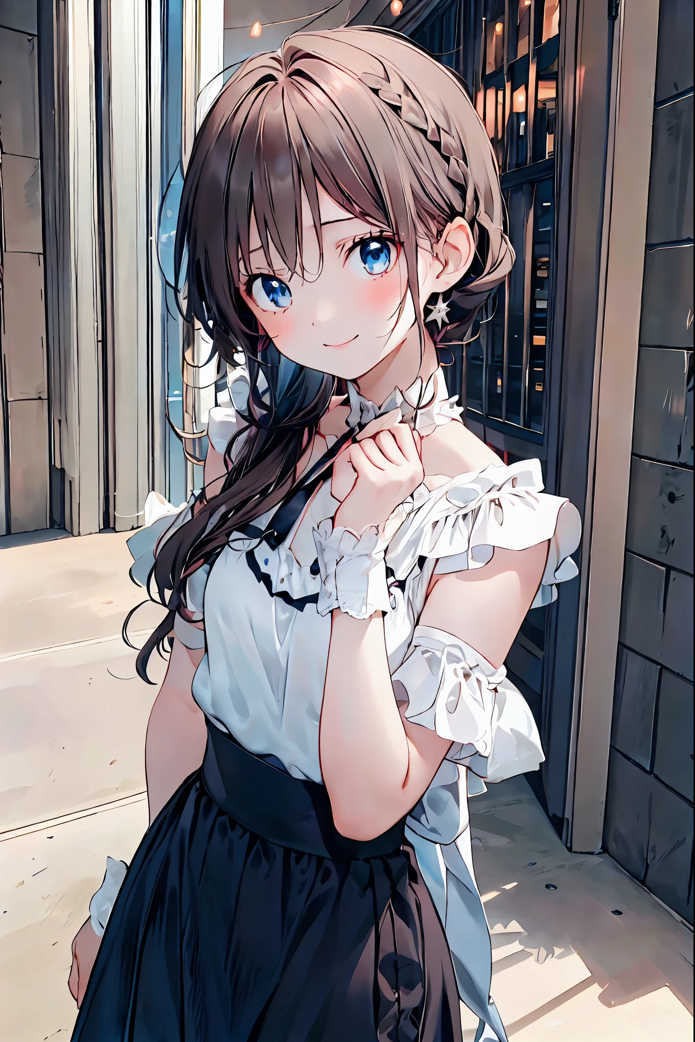  for lightss,  for lights  ，          Beautiful Face Details，cute，       dark brown eyes，(背の低いcute女の子，Young student，Young and delicate girl）,（            Masterpiece      ，  for lightss,  for lights  )，       black hair， Checkered black skirt，     sleeveless､    brown hair，        shortcuts ，      messy hair       ，              Short Braided Hair              ，Neat，       slender beauty ，Dignified posture，       small breasts ，          Her charming gray-blue eyes shine like stars，       bright color ,              beautiful eyes       ,A delicate smile,textured skin,       best quality、The best   ,          a parody of a gentle and beautiful woman         ,      anime style  ､