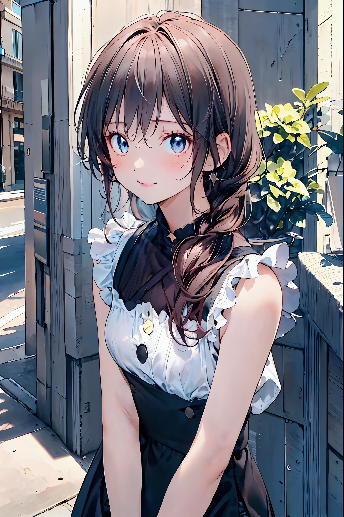  for lightss,  for lights  ，          Beautiful Face Details，cute，       dark brown eyes，(背の低いcute女の子，Young student，Young and delicate girl）,（            Masterpiece      ，  for lightss,  for lights  )，       black hair， Checkered black skirt，     sleeveless､    brown hair，        shortcuts ，      messy hair       ，              Short Braided Hair              ，Neat，       slender beauty ，Dignified posture，       small breasts ，          Her charming gray-blue eyes shine like stars，       bright color ,              beautiful eyes       ,A delicate smile,textured skin,       best quality、The best   ,          a parody of a gentle and beautiful woman         ,      anime style  ､