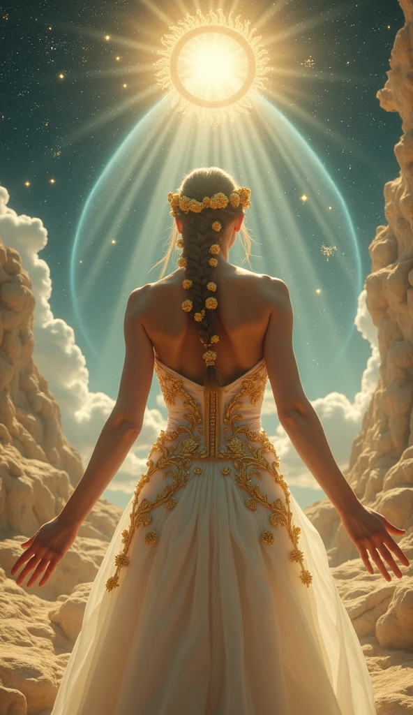 Hair floating in midair, back view, Look at the sun, There is a starship in the sky, Three suns, A  with blonde hair, 28 year old girl, Standing in the steppe, landscape, universe, 8k, super detail