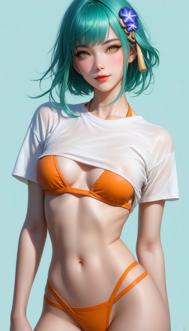 score_9, score_8_up, score_7_up,source_anime, high res image,masterpiece,best quality,girl,cute face,clear skin,raiden_shogun_genshin,. This is a highly detailed, realistic CGI illustration featuring a young Asian woman with short, turquoise hair styled in a bob cut, adorned with a yellow hair clip on the left side. She has fair skin with a smooth complexion and a slight blush on her cheeks, adding a youthful and innocent aura to her appearance. Her eyes are large and almond-shaped, framed by long, dark eyelashes, and she has a small, inviting smile on her lips.

She is lifting a white t-shirt to reveal her ample breasts, which are fully exposed due to the minimalistic orange bikini top she wears. The bikini top is adorned with white daisy flowers and features thin orange straps that accentuate her cleavage. , adding to the provocative nature of the illustration.

The woman's physique is slender with a toned, flat stomach, and her overall posture is confident and slightly provocative. She is wearing a matching orange bikini bottom, which is tied at the sides, highlighting her hips and lower torso. The background is a plain, neutral gray, ensuring that all focus remains on the subject. The image is highly detailed, with realistic textures and shading, giving it a lifelike quality.