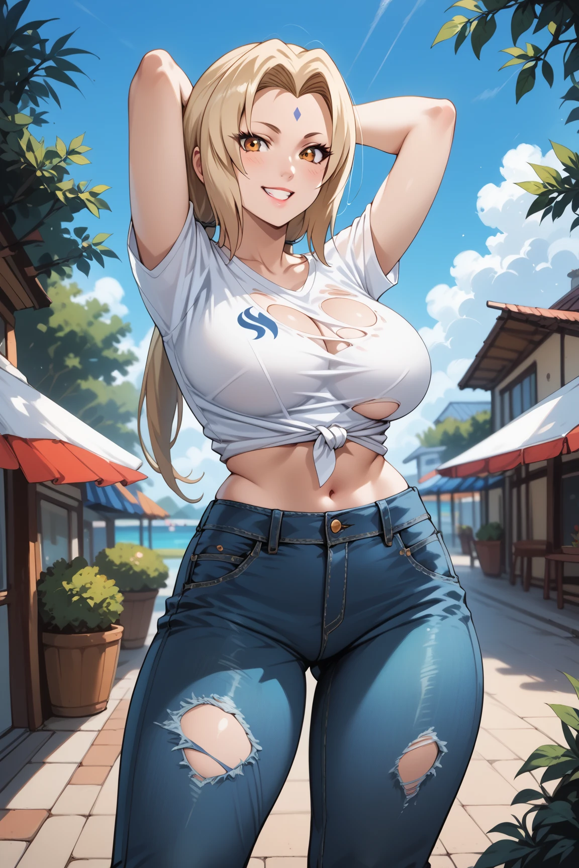 Masterpiece, extremely detailed,4k,solo,1girl,fullbody,stand up,tsunade,large breasts, perfect slim body,long sexy legs,arms behind back head,looking at viewers,((blue ripped jeans)),white  tshirt ,smile,yellow twin tails hair,front looks,cowboy shot