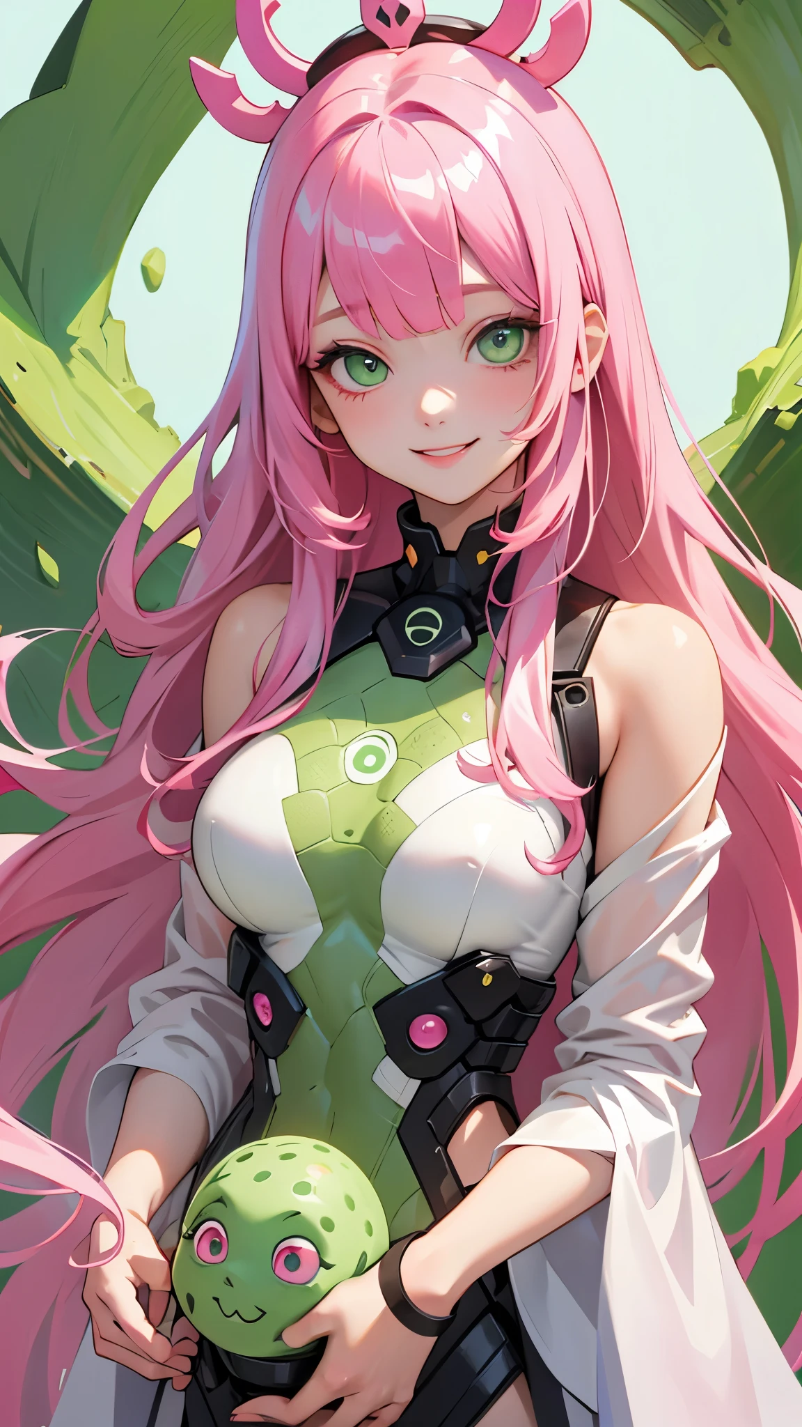 One Girl、single、alone、Trypophobia Head、Pink Hair、Long Hair、bangs、Pink Hair、Straight hair、Green Eyes、Beautiful Eyes、Upper body close-up、Side body、smile