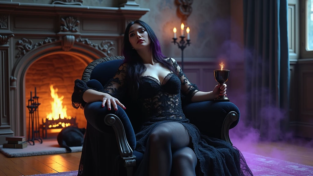 (Best Quality,masterpiece:1.2,Detailed details,4k),((masterpiece)), ((Best Quality)), (ultra detailed), royal style,big breasts, delgado, slender, ashamed, All fours ,down on my knees ,Girl with modern gothic makeup., White skin, long legs, black eye shadow, nightgown, plump figure, earrings and lip studs, fishnet stockings, posing in a seductive pose, adorable expression