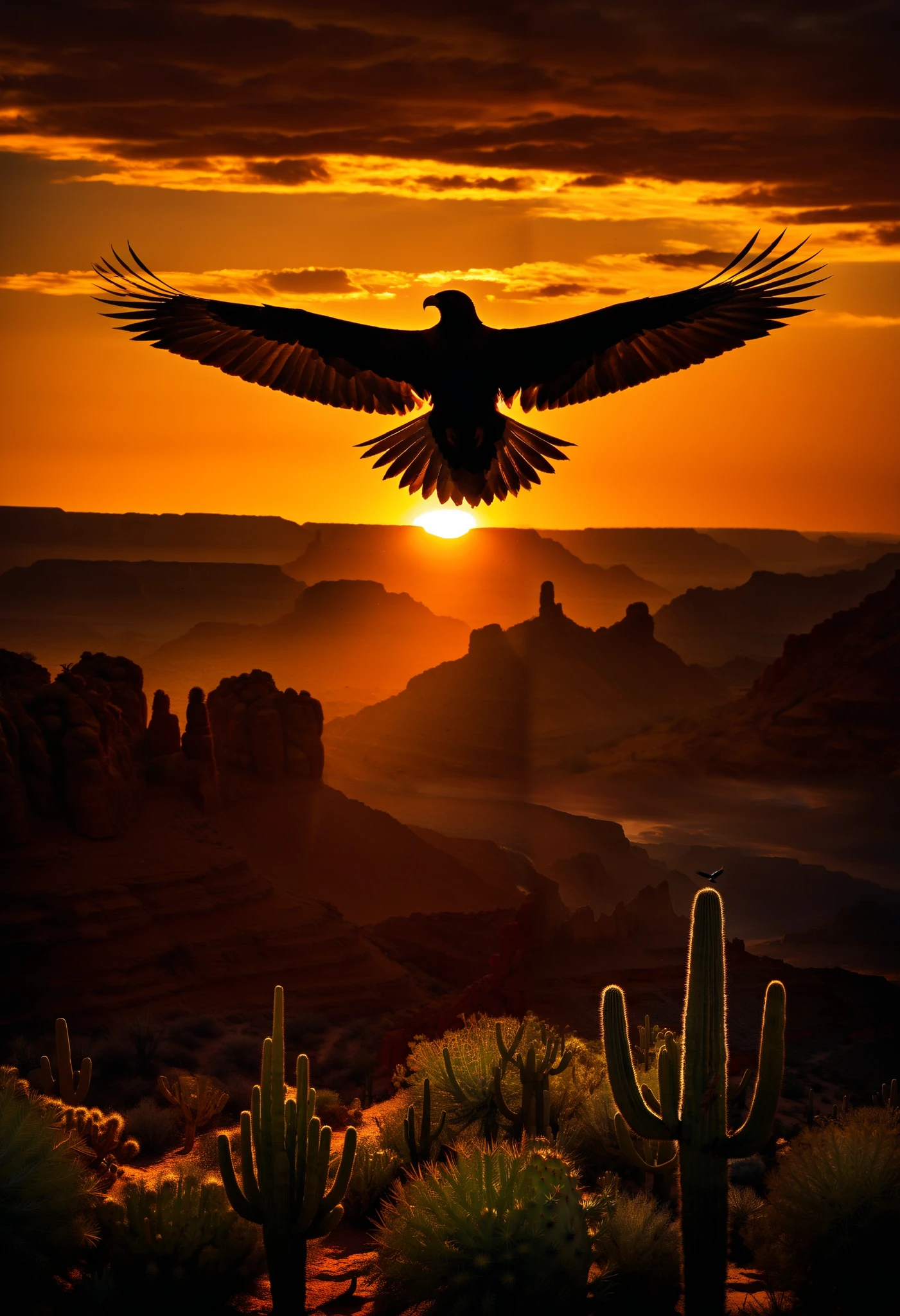 (Flying Bird Silhouette:1.3), Western frontier, silhouette of flying eagle, desert sunset in background, cliffs, cactus, just before sunset, nature, style, landscape.