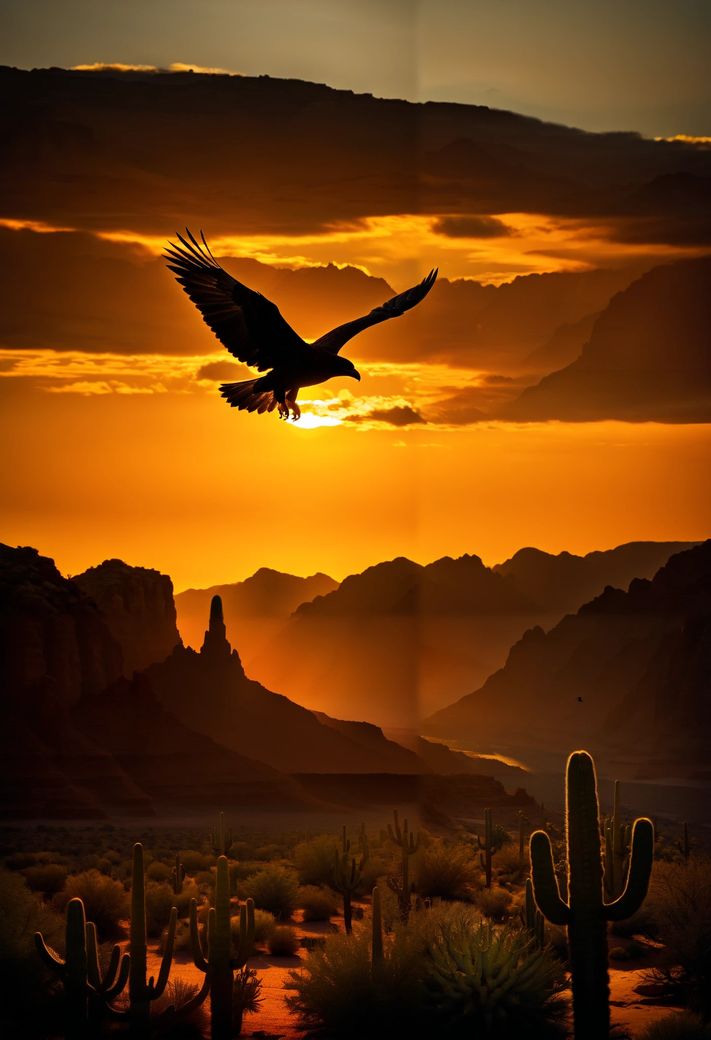 (Flying Bird Silhouette:1.3), Western frontier, silhouette of flying eagle, desert sunset in background, cliffs, cactus, just before sunset, nature, style, landscape.