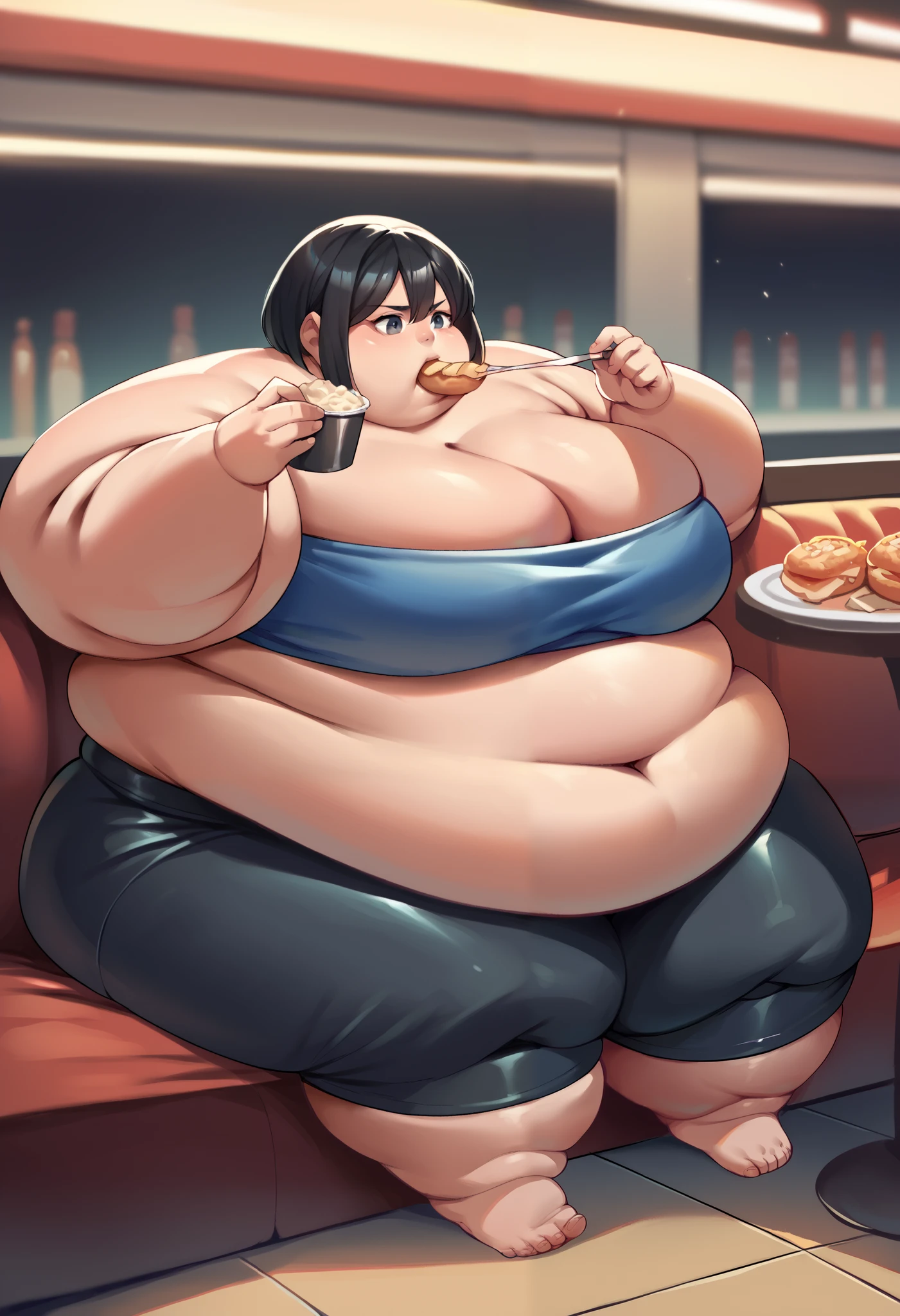 hiraguchip5, short hair, black hair, blue tube top, black bike shorts, midriff, cleavage, fat, chubby, obese, restaurant, sitting, eating, open mouth, full body shot, gigantic arms and legs 