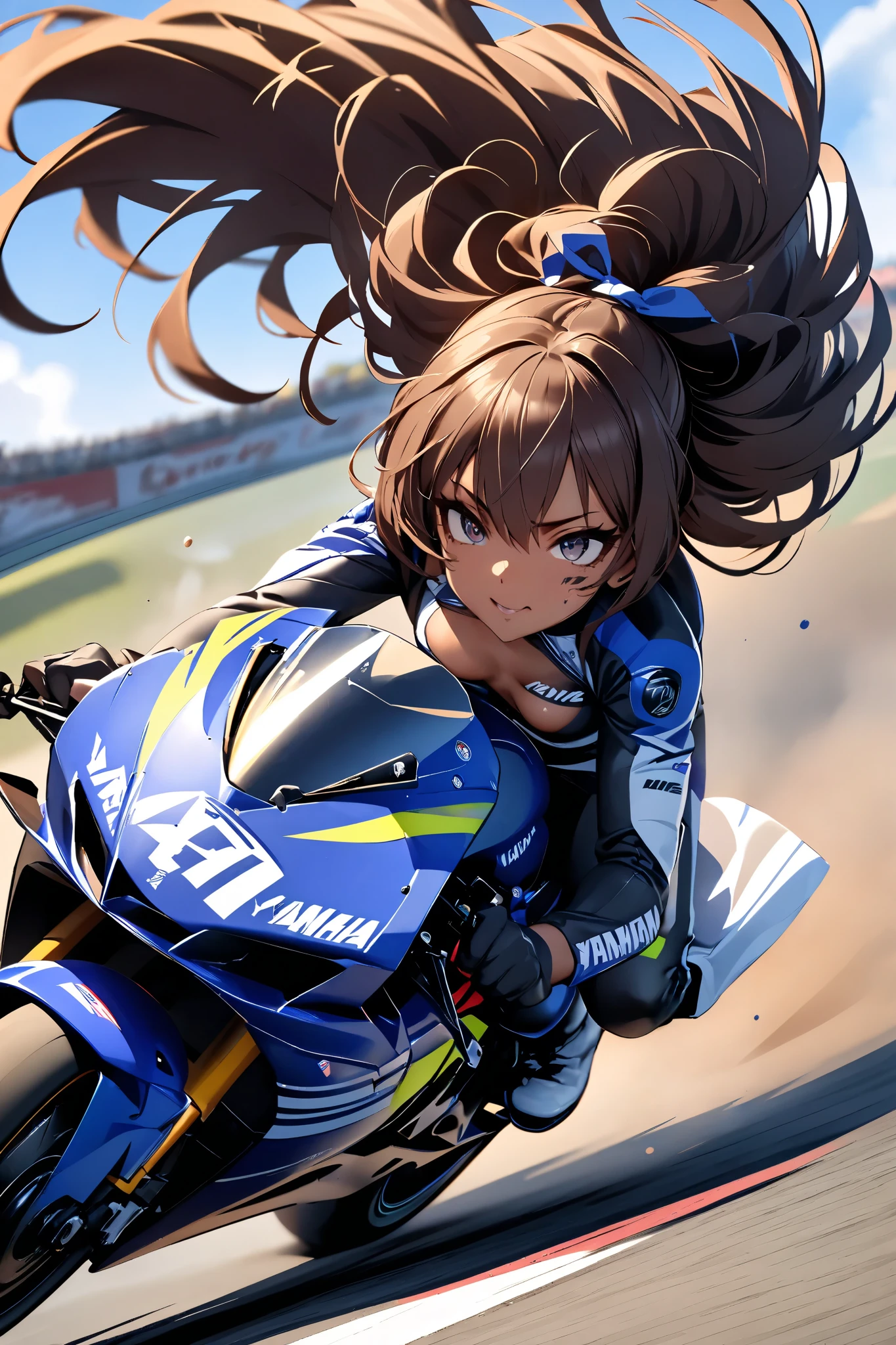 ONE GIRL RIDING A YAMAHA YZF R1M, glossy brown skin, small breasts, full body, very detailed face, Lip details, beautiful eyes, double eyelid, 4K, masterpiece., ACTION PAINTING, best quality, MotoGP cornering 