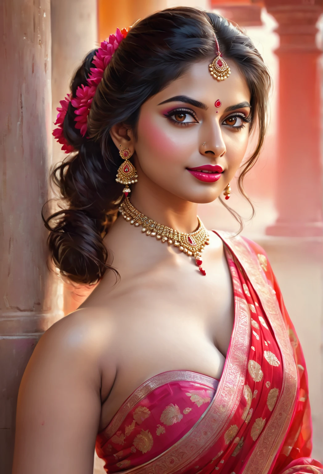 (1woman, mature, hair bun , full sleeve blouse,light light pink bold saree, traditional Indian long jhumka earrings , detailed alluring , saggy breasts ,makeup, cleavage,pink lipstick ,black hair, eyeliner, eyeshadow,navel, cleavage