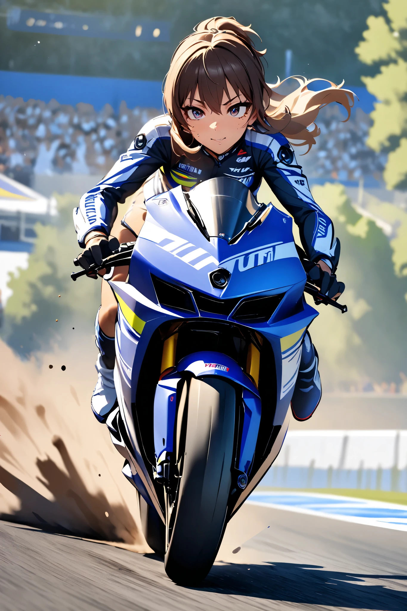 ONE GIRL RIDING A YAMAHA YZF R1M, glossy brown skin, small breasts, full body, very detailed face, Lip details, beautiful eyes, double eyelid, 4K, masterpiece., ACTION PAINTING, best quality, MotoGP cornering 