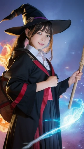  Ultra High Definition,  textured skin,   best quality, 
  1 girl ,  smile,  Look at you, ribbon,   ponytail,   hair clip,   Witch Hat  ,   Anatomically Correct, (((  Transcendental Cute Beautiful Girl  ))))、(((   transcendental cute elementary school student )))、((( Witch flying on a broom ))), ((  Sorcerer's Fire Magic  ))、((Magic Attack))、(( Doing Healing Magic   ))、((  Using Magical Items ))、Skin-friendly clothing、 Witch&#39;s wand、((  Magical Attack of the Wind   ))、 smile,   blue eyes,  Earrings for one woman , Food, ((Detailed legs))、(((Extra short miniskirt )) )、((  Magical Attack of the Wind   ))、 Fighting Dragons 、 (( Panties with attention to detail under a raised skirt)) 、Magic Attack、(  Witch flying on a broom )、( detailed boobs)