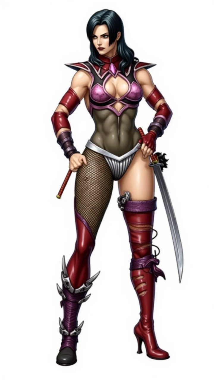 (masterpiece, HI quality: 1.1) 1girl full body standing good face, nice ass, hairstyle: braid, Color Hair: PINK long hair, Blindfolded: NO EYES, Skin: White (porcelain skin, sparkly skin), muscular, thighs, Mature woman, Abs, looks at the viewer smiling, extremely huge breasts, maternal, chest cover with clothes (Hell knight ingrid (anime style) Demon Knight Ingrid (OVA))