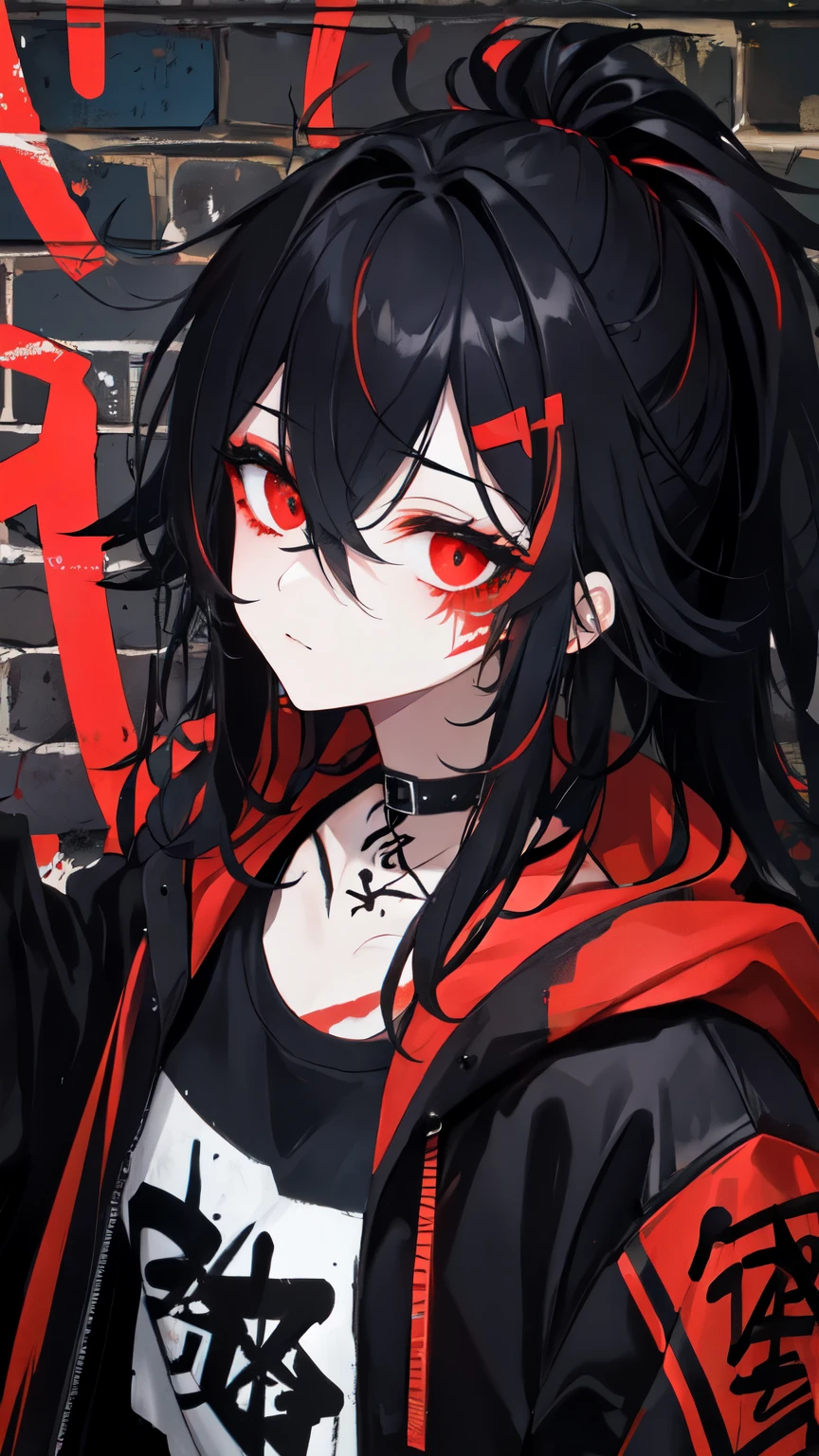 The image depicts a character, a sinister anime character with a cunning yet created aura. She is bloody, holding a knife and feeling deranged, resulting in anxiety and fear. The sight of ten at the same time is sexually exciting. Figure ragged but modern clothes in arcade, casual and street style. despite its dark nature, there is hidden beauty.