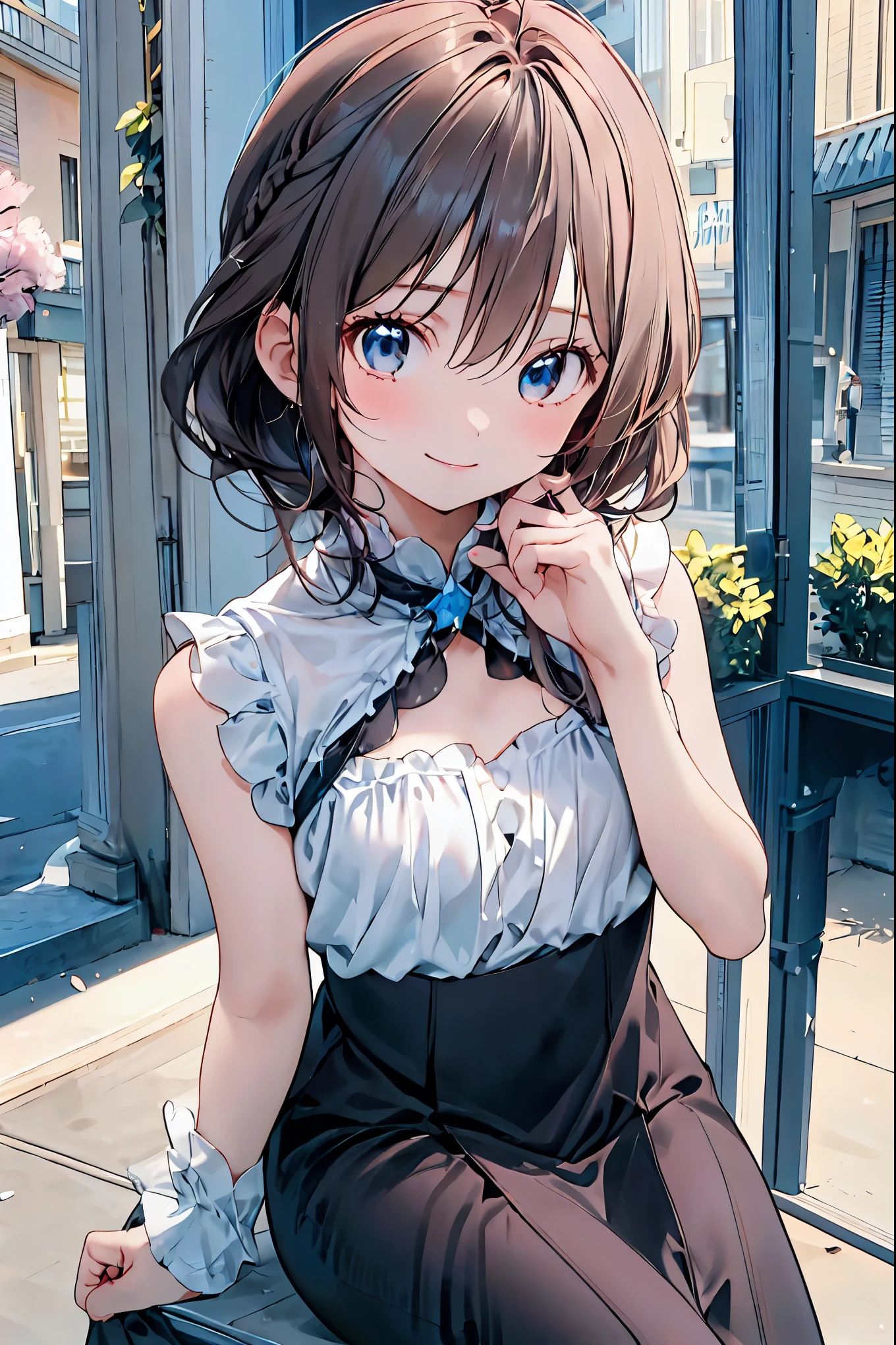  for lightss,  for lights  ，          Beautiful Face Details，cute，       dark brown eyes，(背の低いcute女の子，Young student，Young and delicate girl）,（            Masterpiece      ，  for lightss,  for lights  )，       black hair， Checkered black skirt，     sleeveless､    brown hair，        shortcuts ，      messy hair       ，              Short Braided Hair              ，Neat，       slender beauty ，Dignified posture，       small breasts ，          Her charming gray-blue eyes shine like stars，       bright color ,              beautiful eyes       ,A delicate smile,textured skin,       best quality、The best   ,          gentle and beautiful woman のパロディ        ,      anime style  ､Brown Hair， shortcuts， unkempt hair，Short braided hair，Neat， slender beautiful，Correct posture，Small chest， beautiful legs， their enchanting gray-blue eyes are shining like stars，Droopy eyes， bright color, beautiful eyes,A delicate smile,Textured Skin,The best品質を最高に, gentle and beautiful woman , anime style､