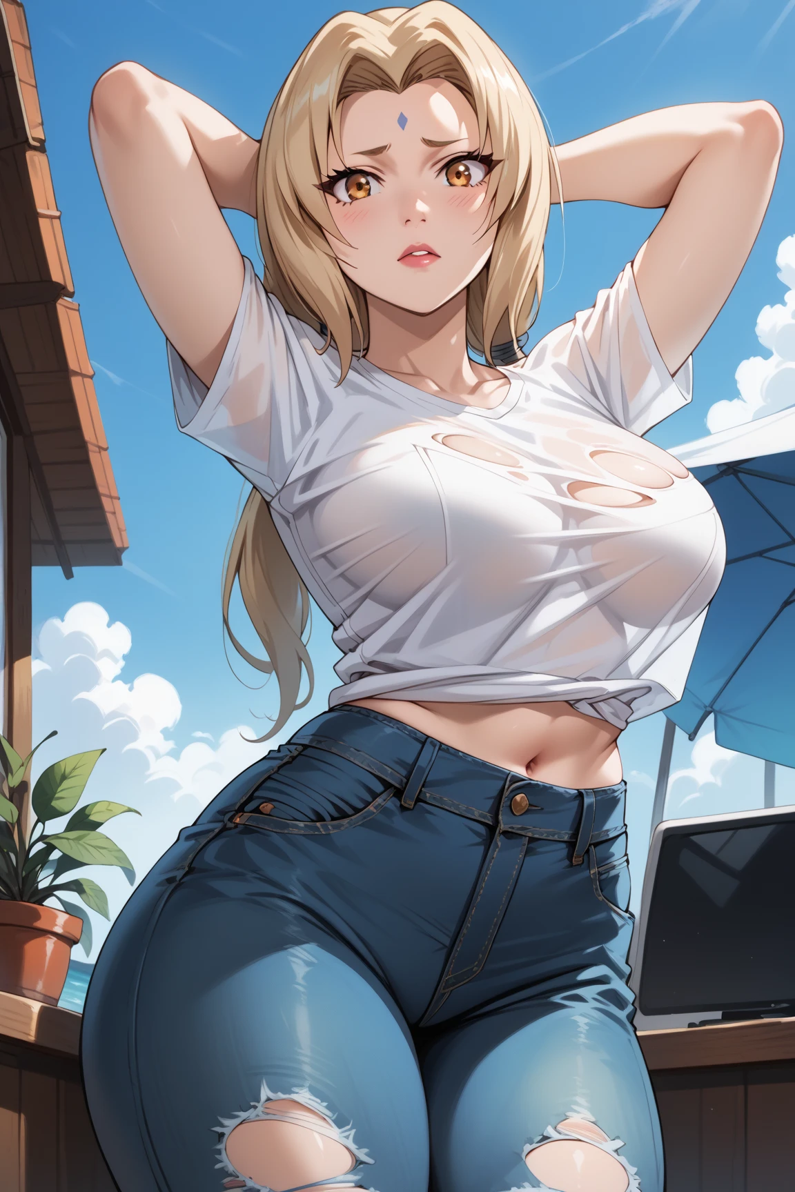 Masterpiece, extremely detailed,4k,solo,1girl,fullbody,stand up,tsunade,large breasts, perfect slim body,long sexy legs,arms behind back head,looking at viewers,((blue ripped jeans)),white  tshirt ,((worried)) ,yellow twin tails hair,front looks,cowboy shot