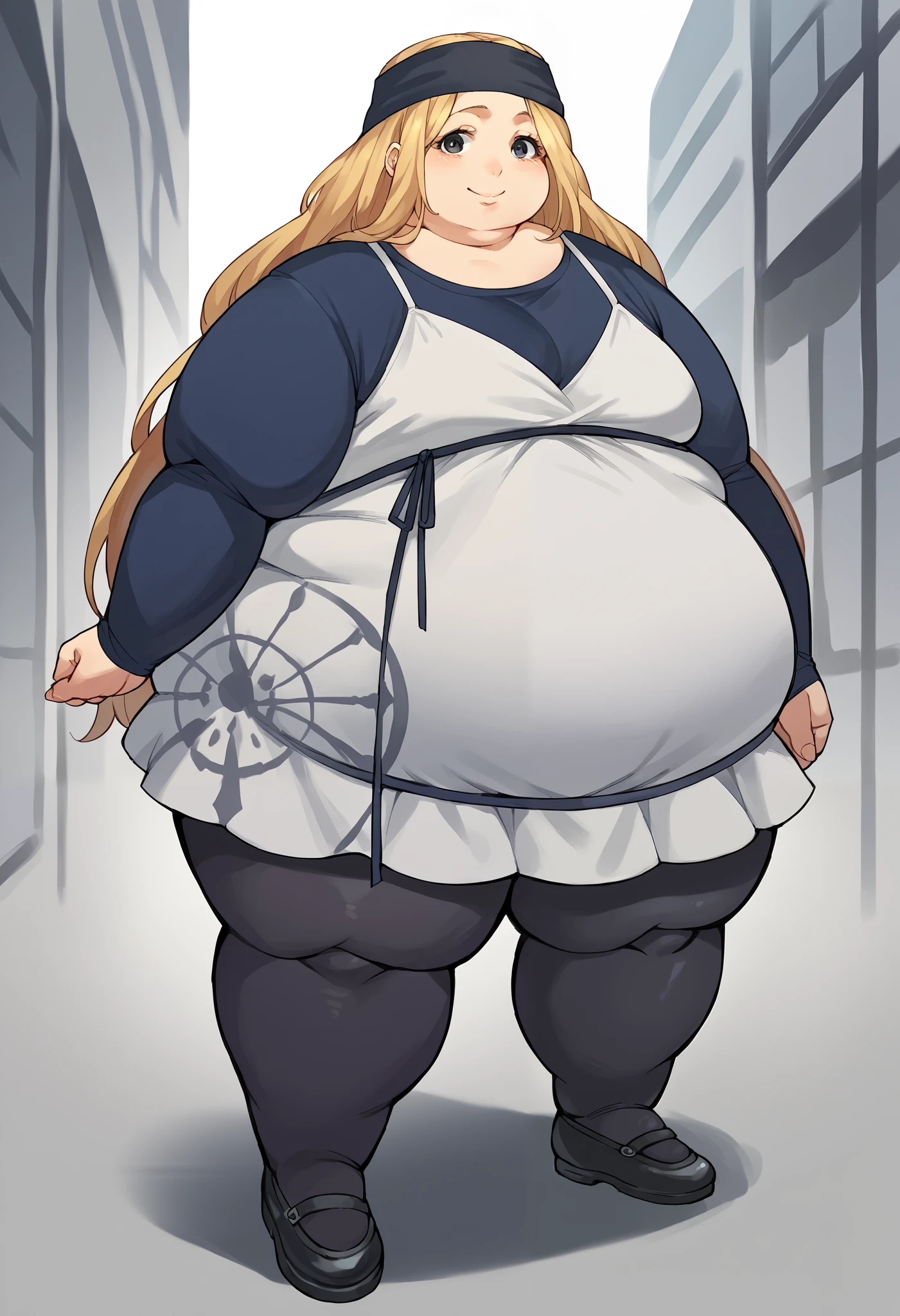 score_9, score_8_up, score_7_up, source_anime BREAK 1girl, solo,   chihayap5, very long hair, blonde hair, headband, shirt, dress, black pantyhose, looking at viewer, smile, standing, city, shinjuku, fat, chubby, obese, full body shot 