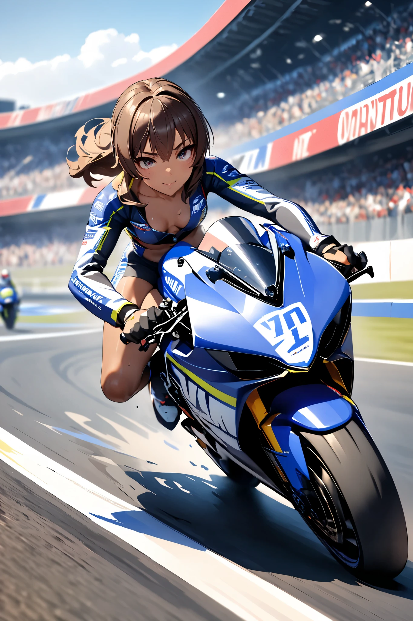 ONE GIRL RIDING A YAMAHA YZF R1M, glossy brown skin, small breasts, full body, very detailed face, Lip details, beautiful eyes, double eyelid, 4K, masterpiece., ACTION PAINTING, best quality, MotoGP cornering 