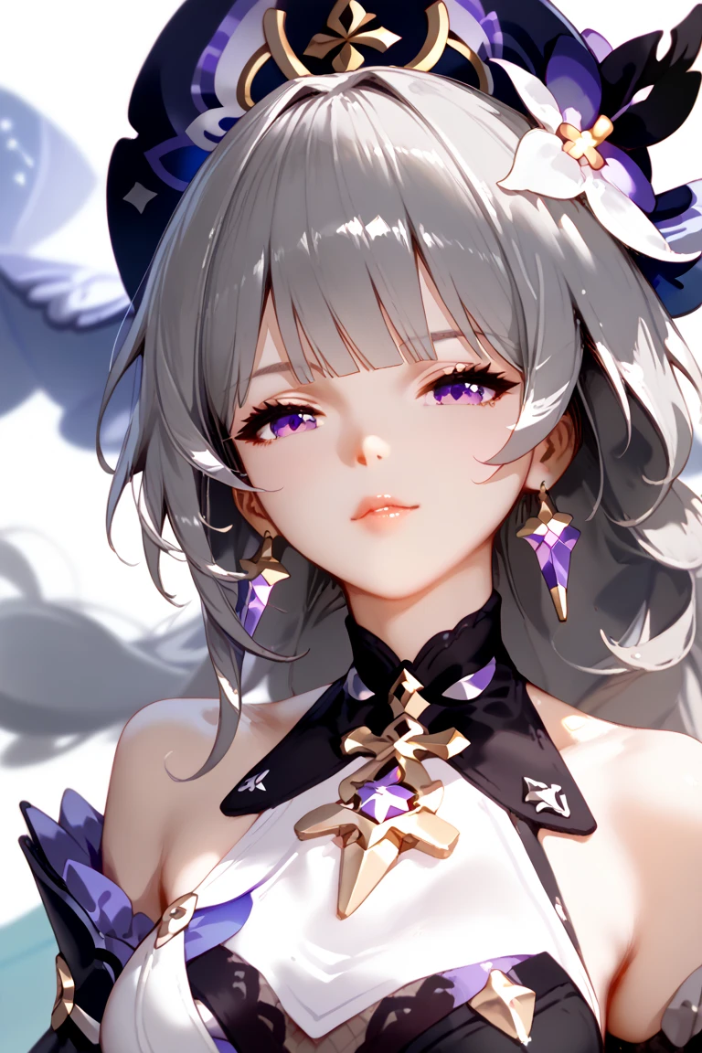 Herta Honkai star rail ,  gray hair,  purple eyes, Big boobs,  Uses Sparkle's outfit from the same game 