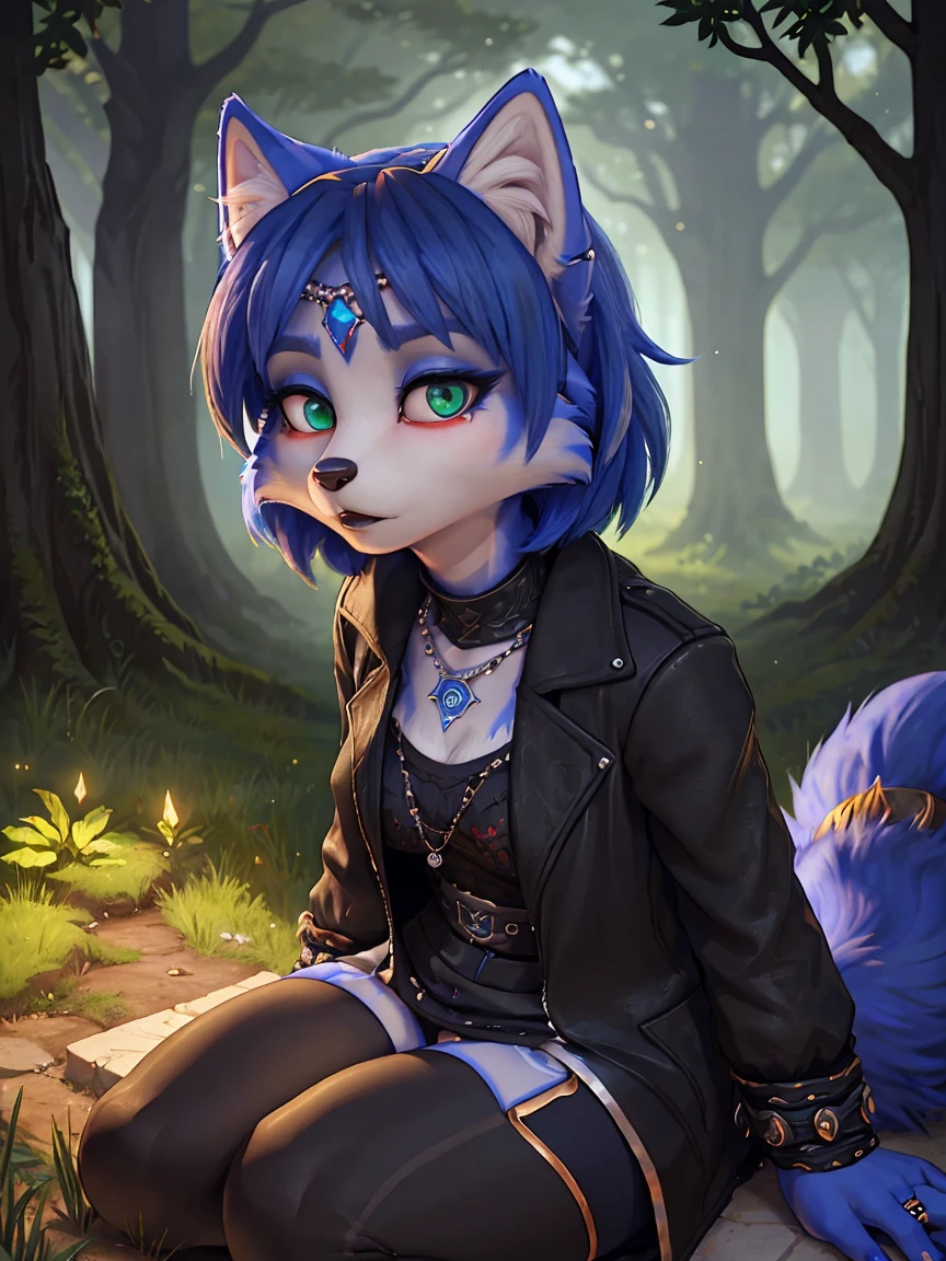 A beautiful and detailed (sweet portrait) wa ((Krystal)), Star Fox Krystal, sslim, lovable, green eyes, medium breasts, (((Long blue hair 1.3))), Decollete, anthro, furry, Uploaded E621, detailed fluffy fur, (wa Fluff-Kevlar, Bayard Wu, Personalami, Pino Daeni), detailed face, (fluffy), 1 girl, alone, sweet girl, ((lies on a meadow:1.3)), looks at the viewer, viewer is above the, her whole body is visible from head to toe, 