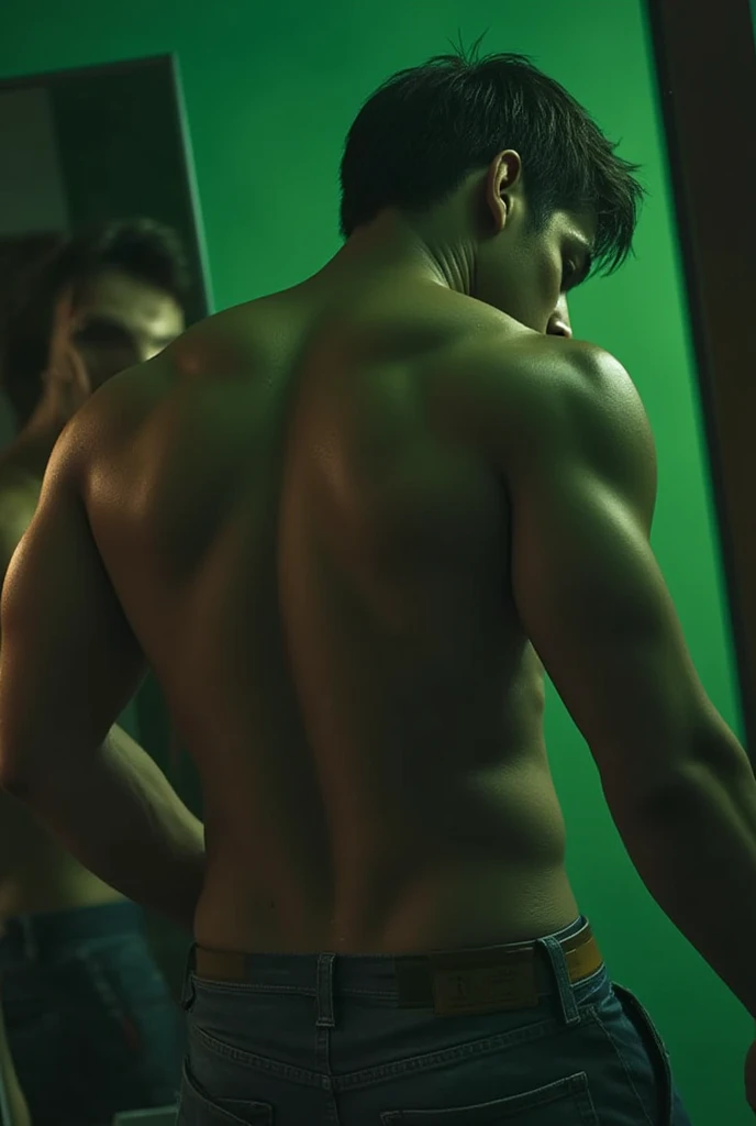 old boy, turkish, semi tanned pale skin, taking a mirror pic, showing back,back angle pic,buffed back,gym back,phone camera mirror pic,iphone 13,phone in hand,dark ambience pic,green tritone ambience
