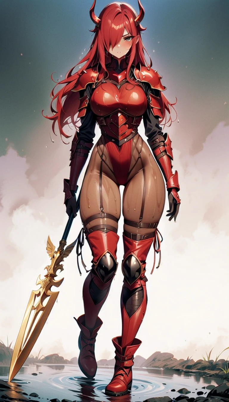 score_9, score_8_up, score_7_up,  (An Anthro furry wolf girl, golden blonde furry body, red hair, wolf snout, black nose, MaleniaDef, helmet, covered eyes, covered eyes, single mechanical arm, prosthesis), naked, nipples, full body shot, majestically walking, holding a golden curved sword, simple brown background, upper body shot