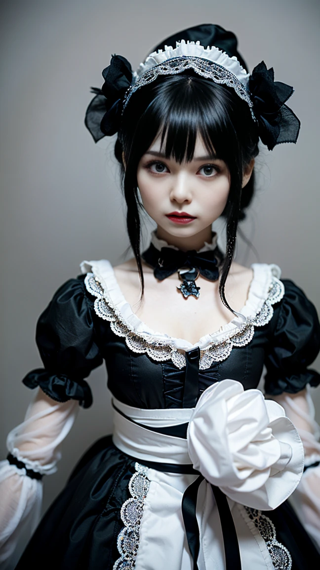 (realistic:1.3), finely detailed, quality, rembrandt lighting, (masterpiece:1.2), (photorealistic:1.2), (best quality), (detailed skin:1.3), (intricate details), dramatic, ray tracing, 1girl, japanese girl, 21 years old, detailed skin texture, (blush:0.5), (goosebumps:0.5), subsurface scattering, smiling, medium breasts, short hair, bangs, hair between eyes, head bow, choker, lace overlay, gothgal, woman wearing a gothgal outfit, black and white dress, frilled dress, puffy sleeves, white frills, lace, white lace embroidery, ribbons, (cute pose, professional fashion photography), <lora:edgGothGal_MINI:1>