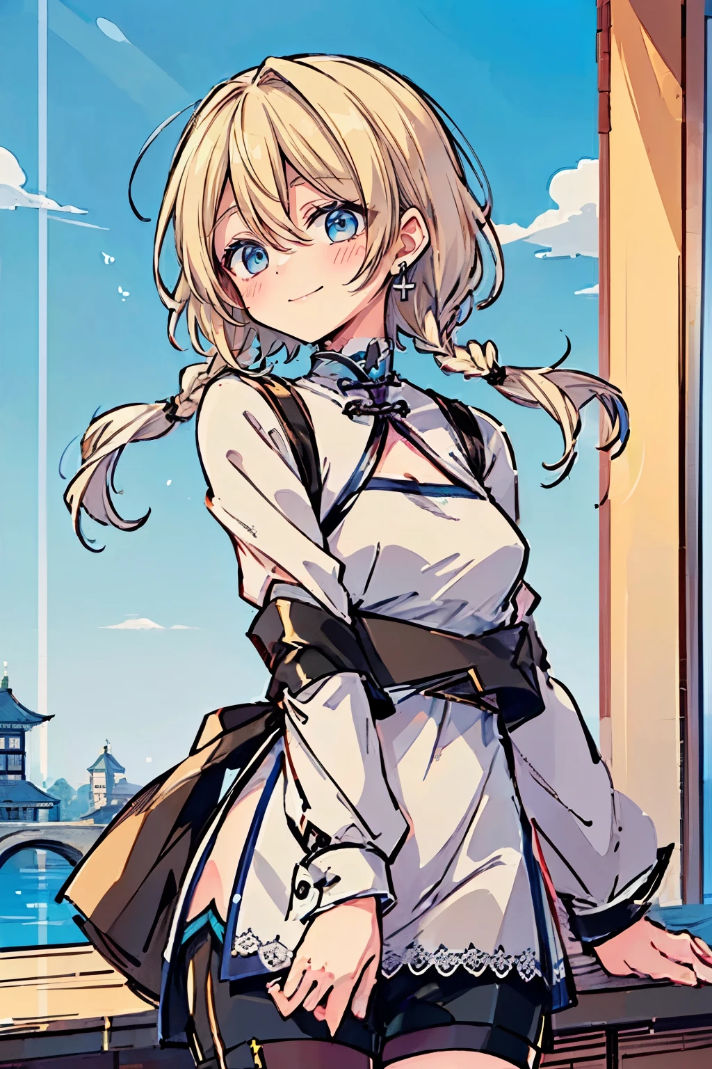 (masterpiece:1.2), (high quality:1.2), rekkyo sensen, rekkyou sensen, girls with(((1girl, solo, aiden d adams, white blonde hair, blue eyes, smiling, blush, closed mouth, medium hair, right swept bangs, side braids:1.3), (((Dress, Lace dress, chinese shirt, chinese clothes, Ribbon, long sleeves, black short pants))),  standing)), background((shanghai, sky, blue sky, sea, castle))