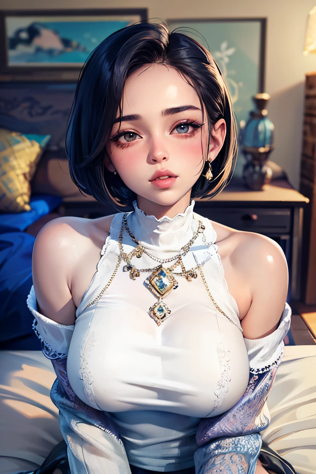 Amazing portrait of a sexy and cute girl with a short bob hairstyle and a seductive gaze who is blushing intensely with parted lips and is desperate and flustered and lustful wearing an off shoulder t shirt showcasing her bare shoulder while lying down on bed