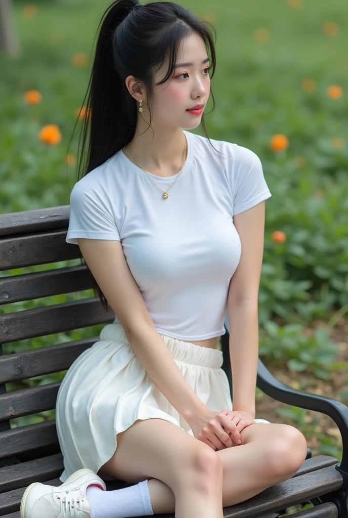 ((top-quality、8K、masterpiece: 1.erfect Body Beauty: 1.4、Slender Abs: 1.2、Beautiful woman with slender abs:1.3、(Highlight Haircutreast A Cup:1.2), small breast, round shape breast, perfect shape breast, ((white underwear))) ((( black mini skirt and student uniform t-shirt ))),(((sitting on chair, open legs,, panties, bra straps)) necklace, hyperdetailed face、18year old、 Pretty women、(Dark brown short-cut hair), Slim Face、Highly detailed facial and skin texture、very detailed lips、opens legs、top-quality、masterpiece、超A high resolution、(Photorealsitic:1.4), long shot , (in park with blur background), bright background, sunset light,