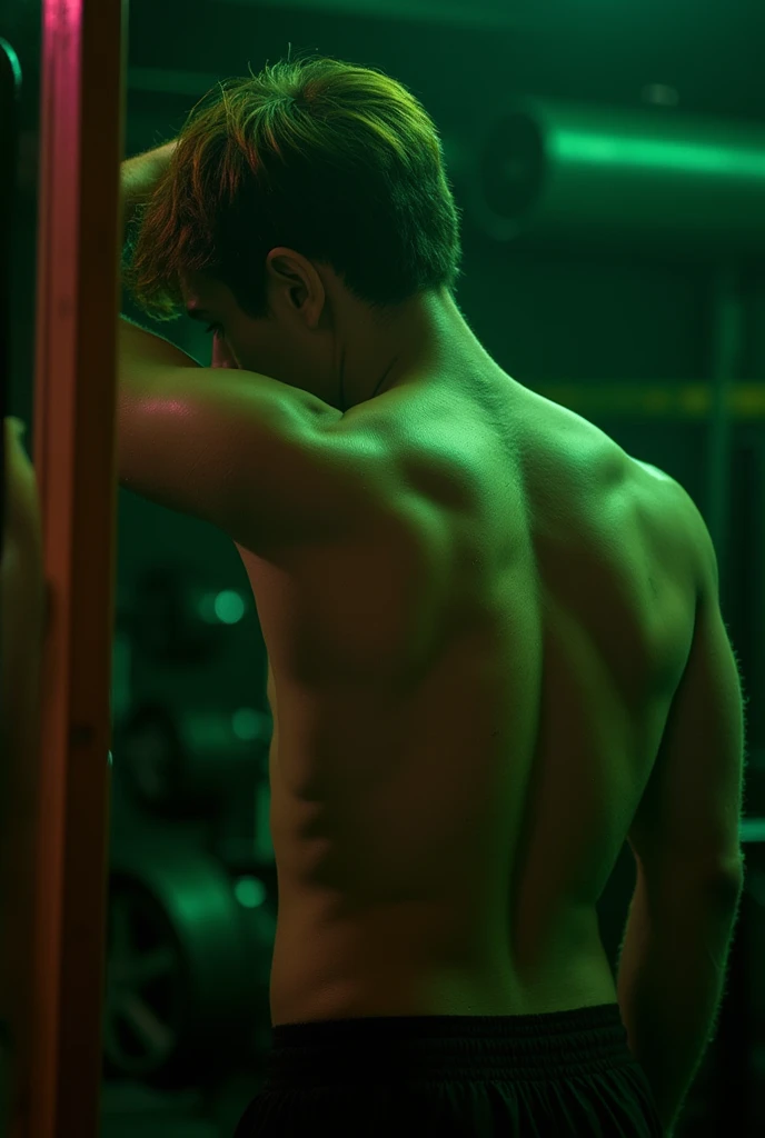 old boy, turkish, semi tanned pale skin, taking a mirror pic, showing back,back angle pic,buffed back,gym back,phone camera mirror pic,iphone 13,phone in hand,dark ambience pic,dark green tritone ambience,hyper realistic,real world lighting,realism, 
