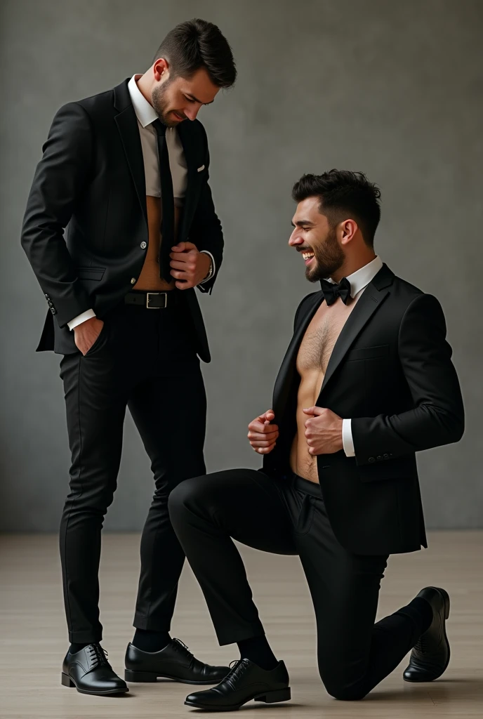 Shane fillan open his Shirt off in a front of a group Men. Wearing just a suit without a shirt underneath. He gets attention and is touched by them. He is very ticklish and giggles as they tickle him