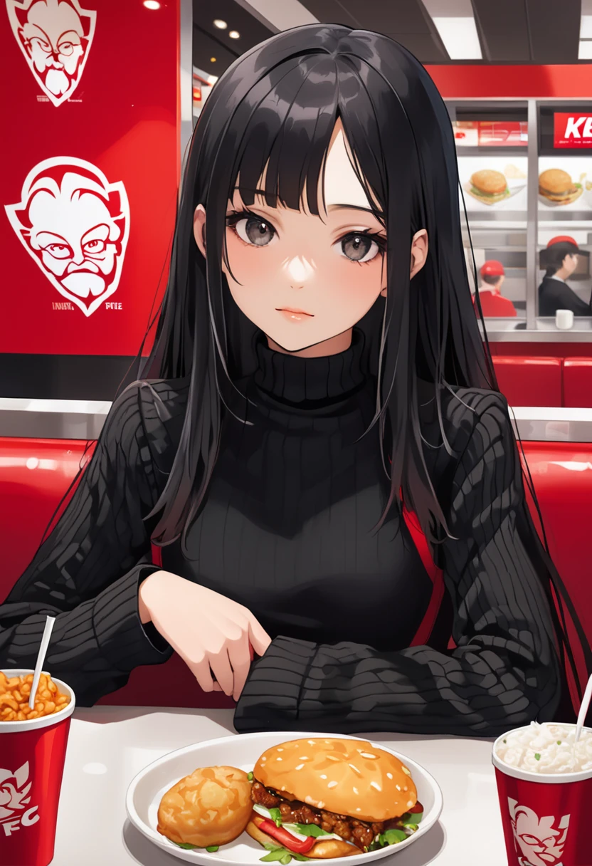 one cute girl sitting in the kfc restourant, black long hair with strange, 20 years old, cool face, using black turtle neck outfit