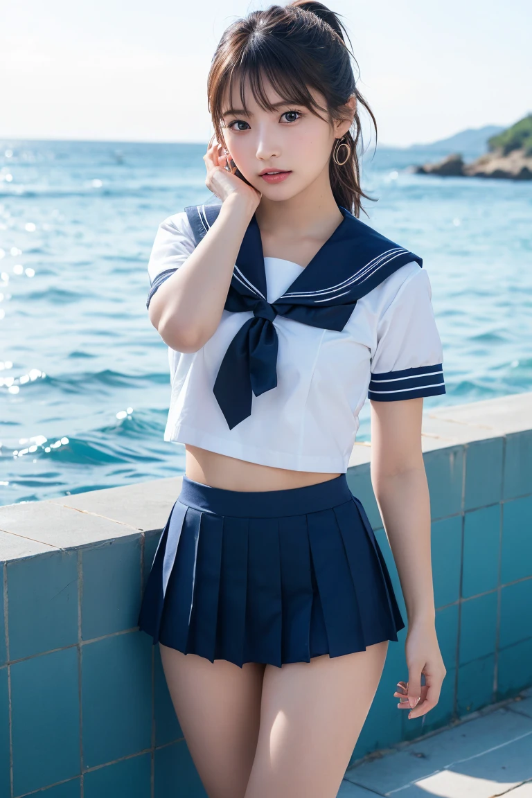 1 girl、((sailor suit))、Asian high school girl uniform、mini skirt、bustling street、sit on the stairs、spread legs、Wedgie、（Spread your legs apart）、( small breasts)、（small breasts）、 (best quality: 1.1)、(highly detailed skin), (ultra high resolution:1.0) ,(realistic photo:1.0), (Super detailed:1.0), (8K, Raw photo:1.1)